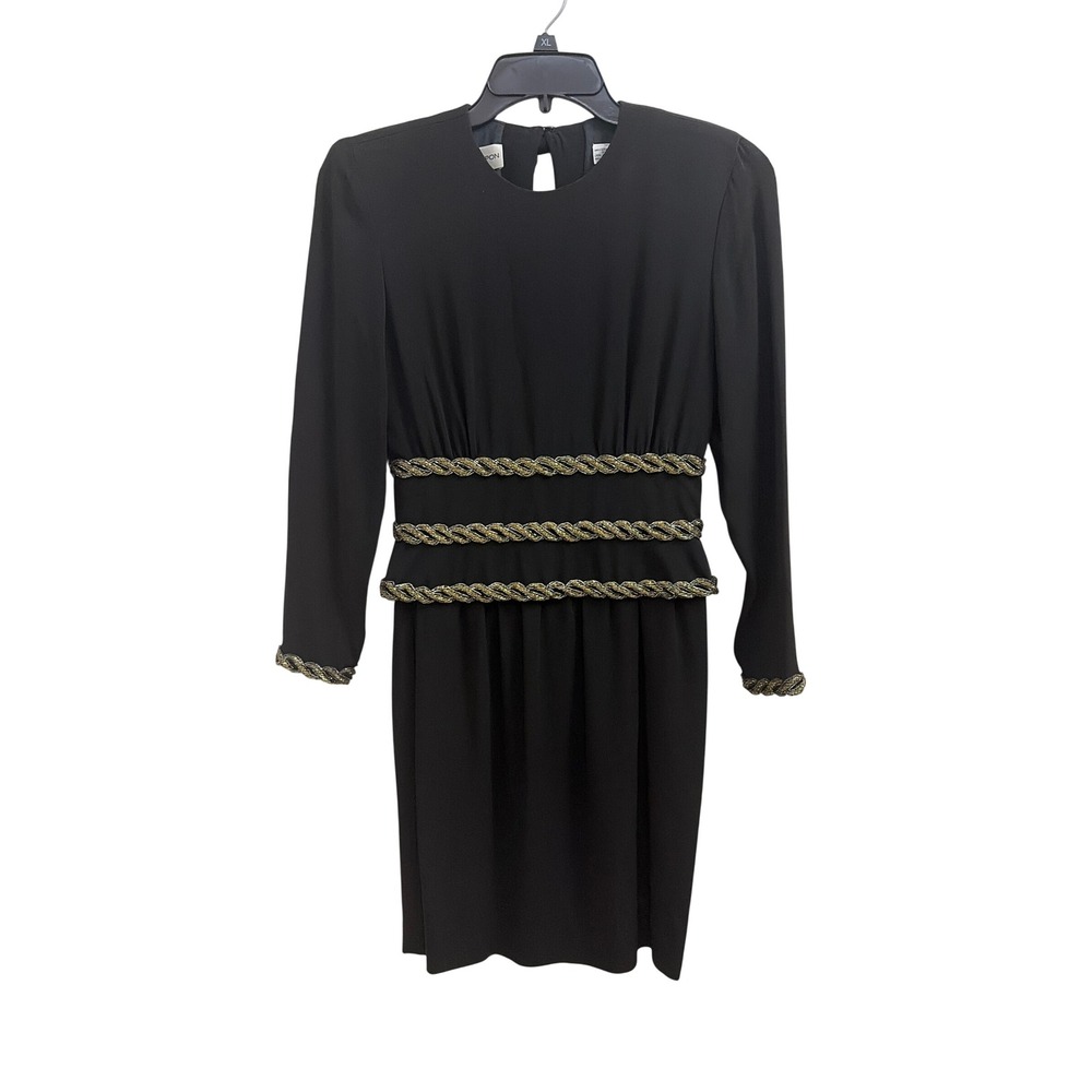 Albert Nipon Dress Vintage 80s Cocktail Womens 6 Black Gold Metallic Trim Sheath